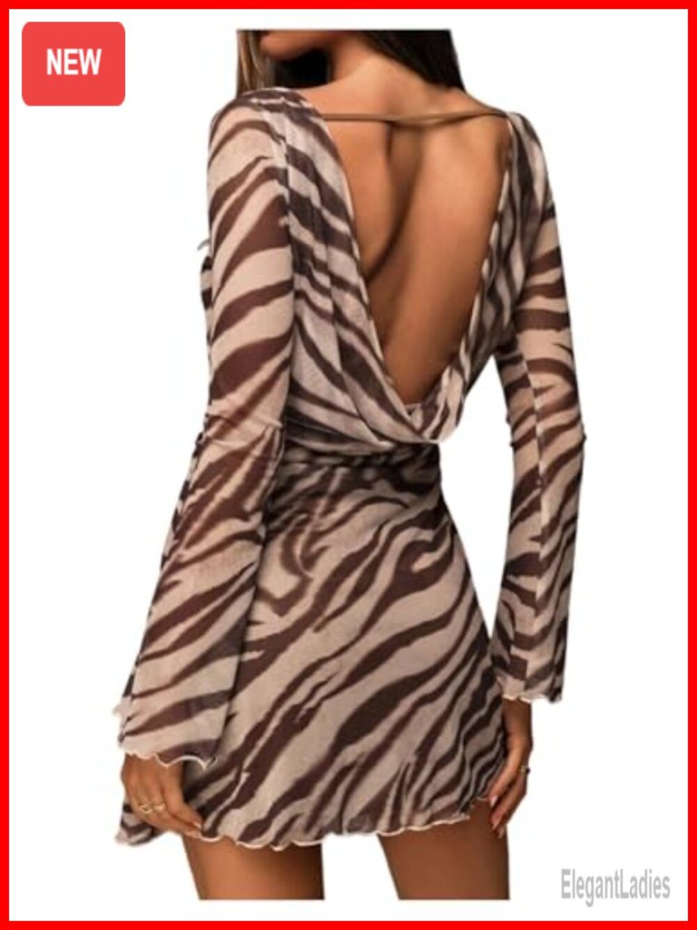 Animal Print Backless Mini Dress with Long Flare Sleeves